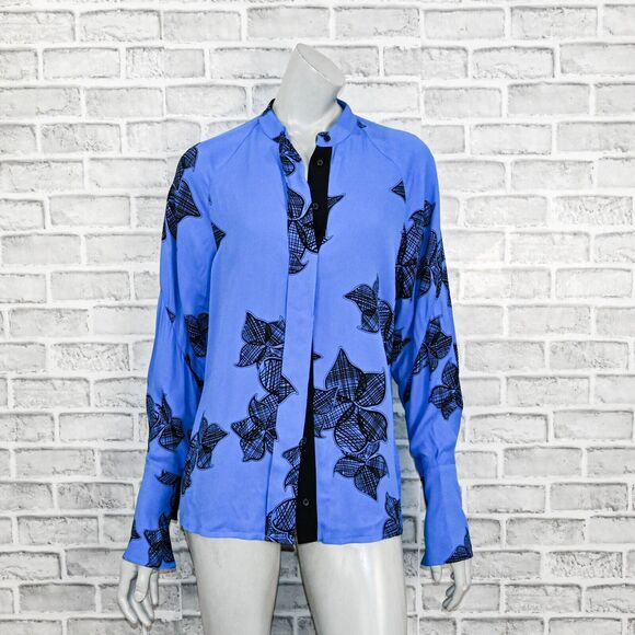 REISS Women's Harris Floral Print Blouse in Blue Size 4 oversize Drapey fit - Picture 1 of 14